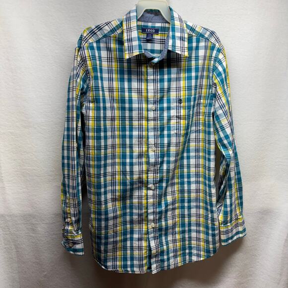 Boys IZOD Teal Plaid Button-Down Shirt - Size Large - Picture 1 of 9